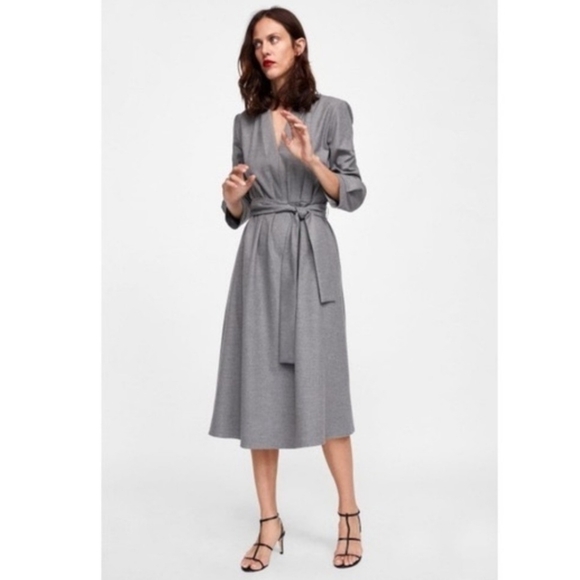 Zara Dresses & Skirts - Zara gray Heather belted v-neck pleated midi dress